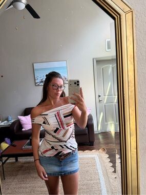 Vintage Women's Off-Shoulder Geometric Print Top - White/Pink/Black